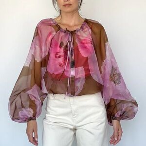 Lee Mathews Pink and Brown Floral Blouse